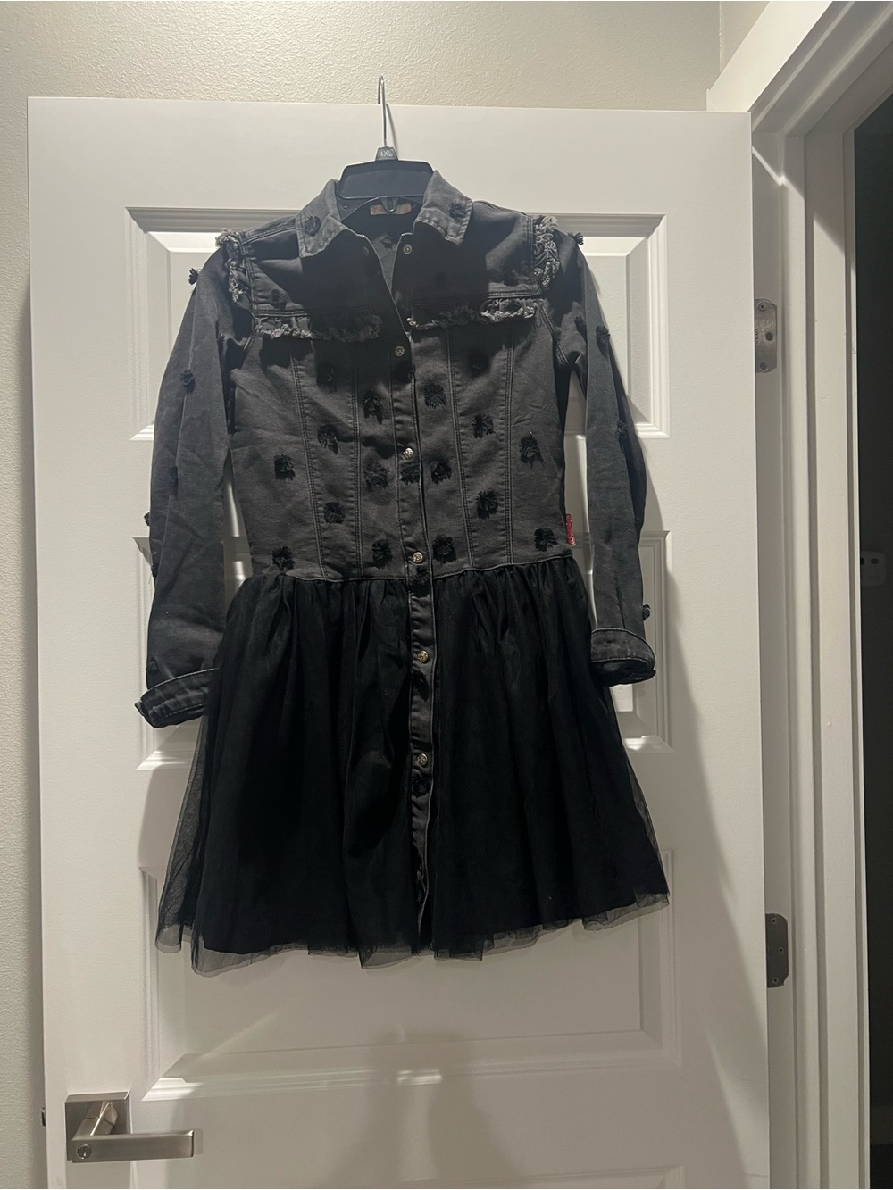 Billie blush Black Distressed Denim Jacket Dress with Tulle Skirt